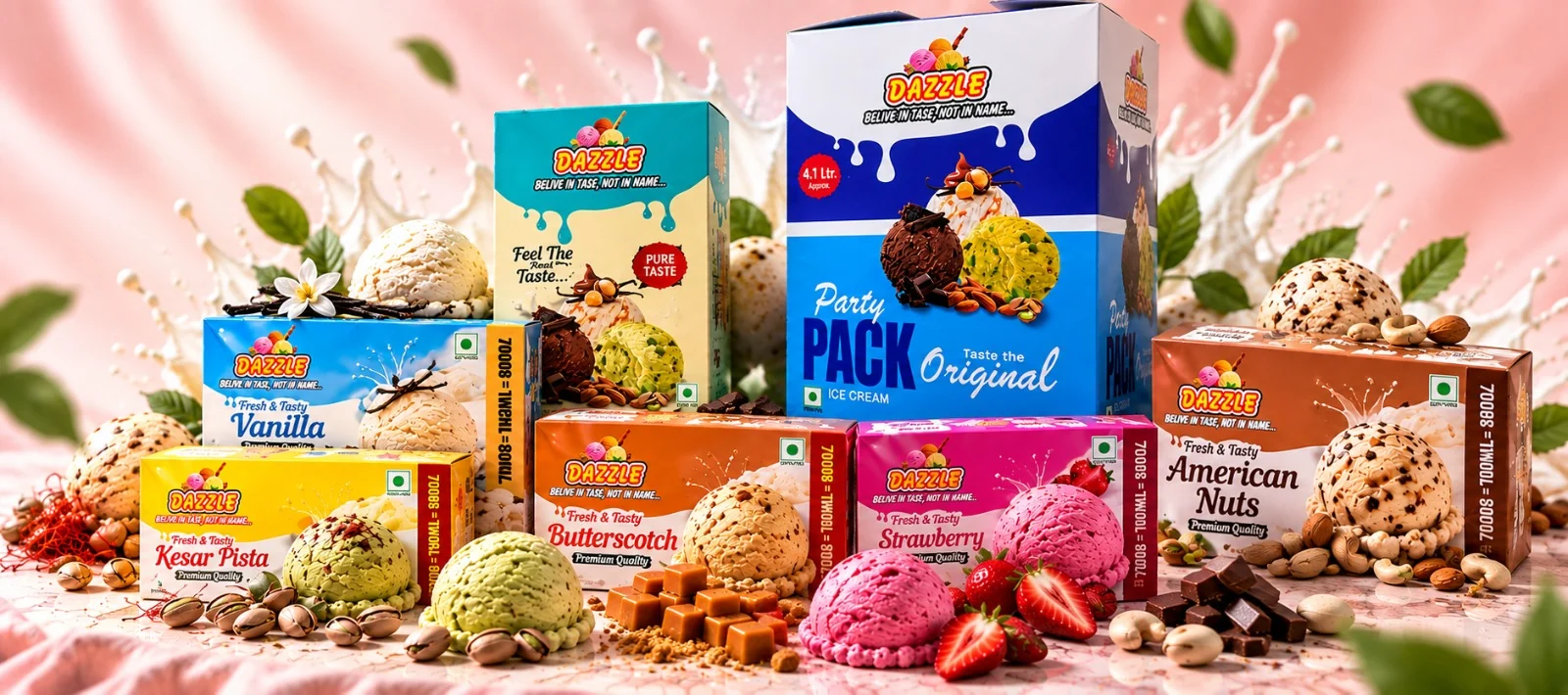 Dazzle Party Pack with Vanilla, Kesar Pista, Butterscotch, Strawberry and American Nuts family packs